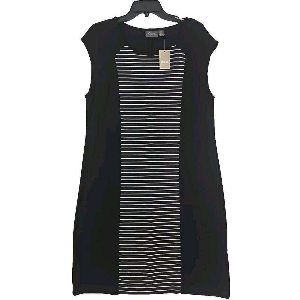 Chico's Travelers~Woman Size 2(L)~ Black/White Stretch Dress Sleeveless NWT.